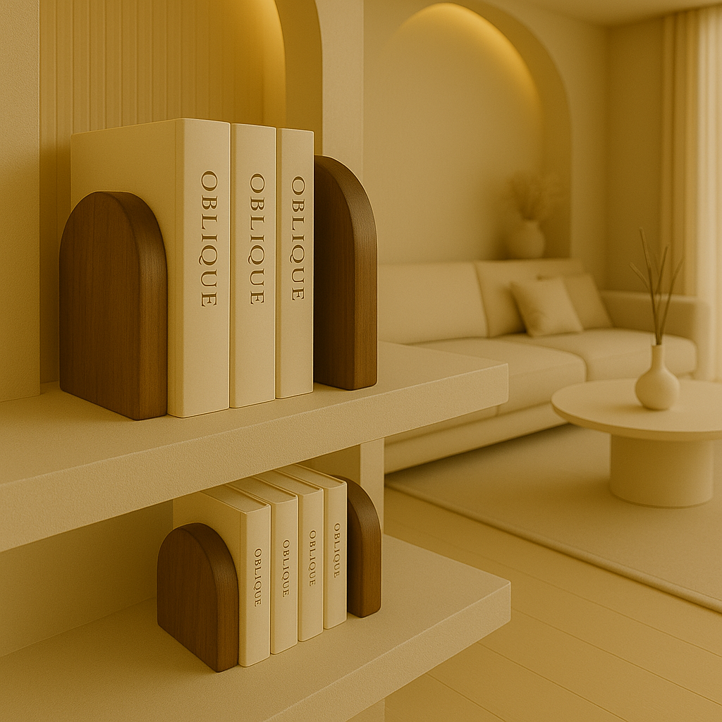 Mocha wooden rounded book holder standing in a luxurious shelf holding Books with the name"Oblique"
