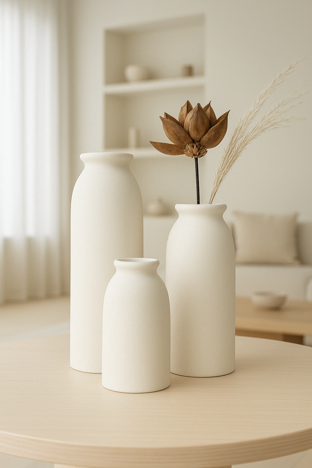 Instagram Post of Epuré Vase Set standing on round wooden table in minimalistic living room
