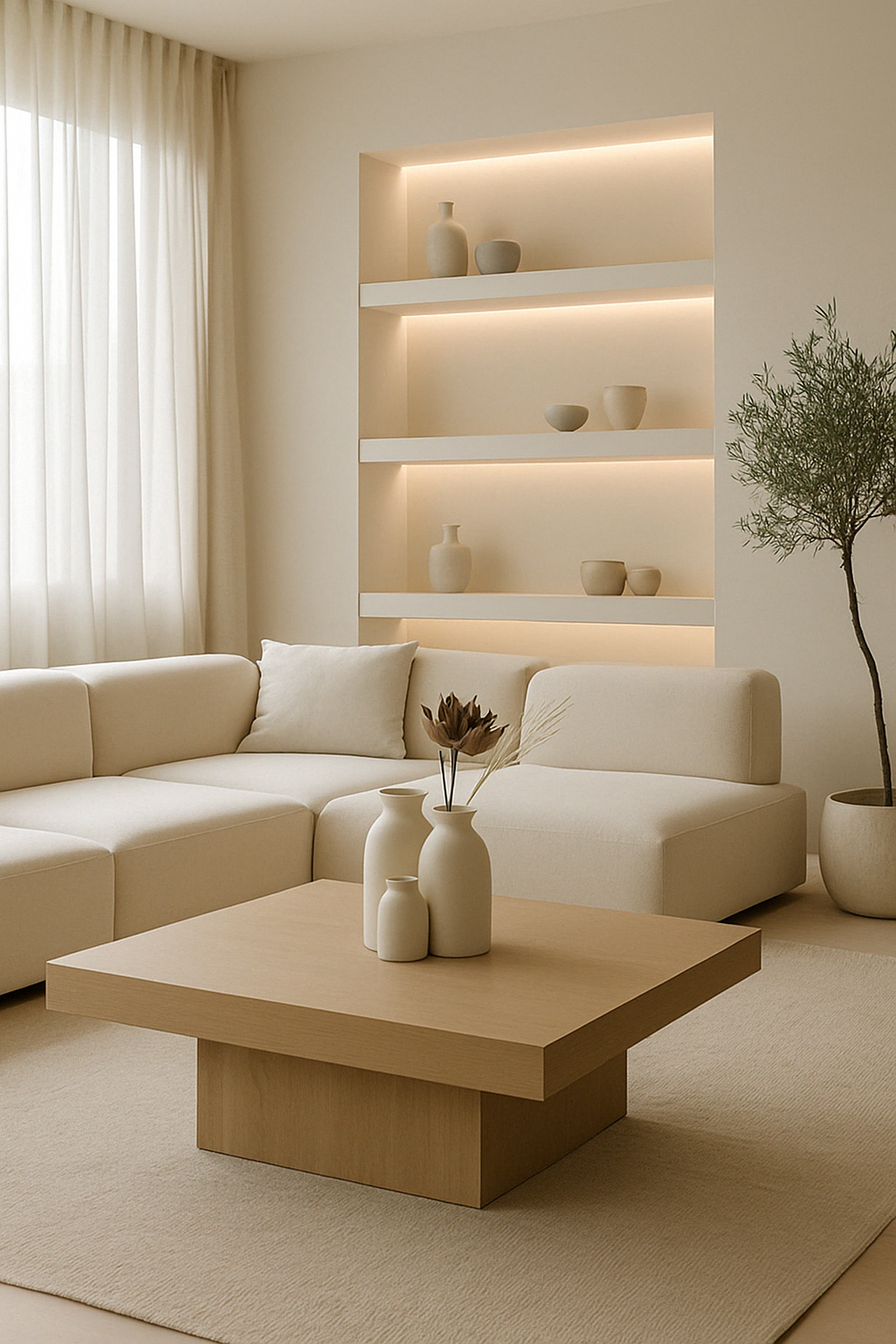 Neutral toned living room with Epuré ceramic vases and wooden coffee table