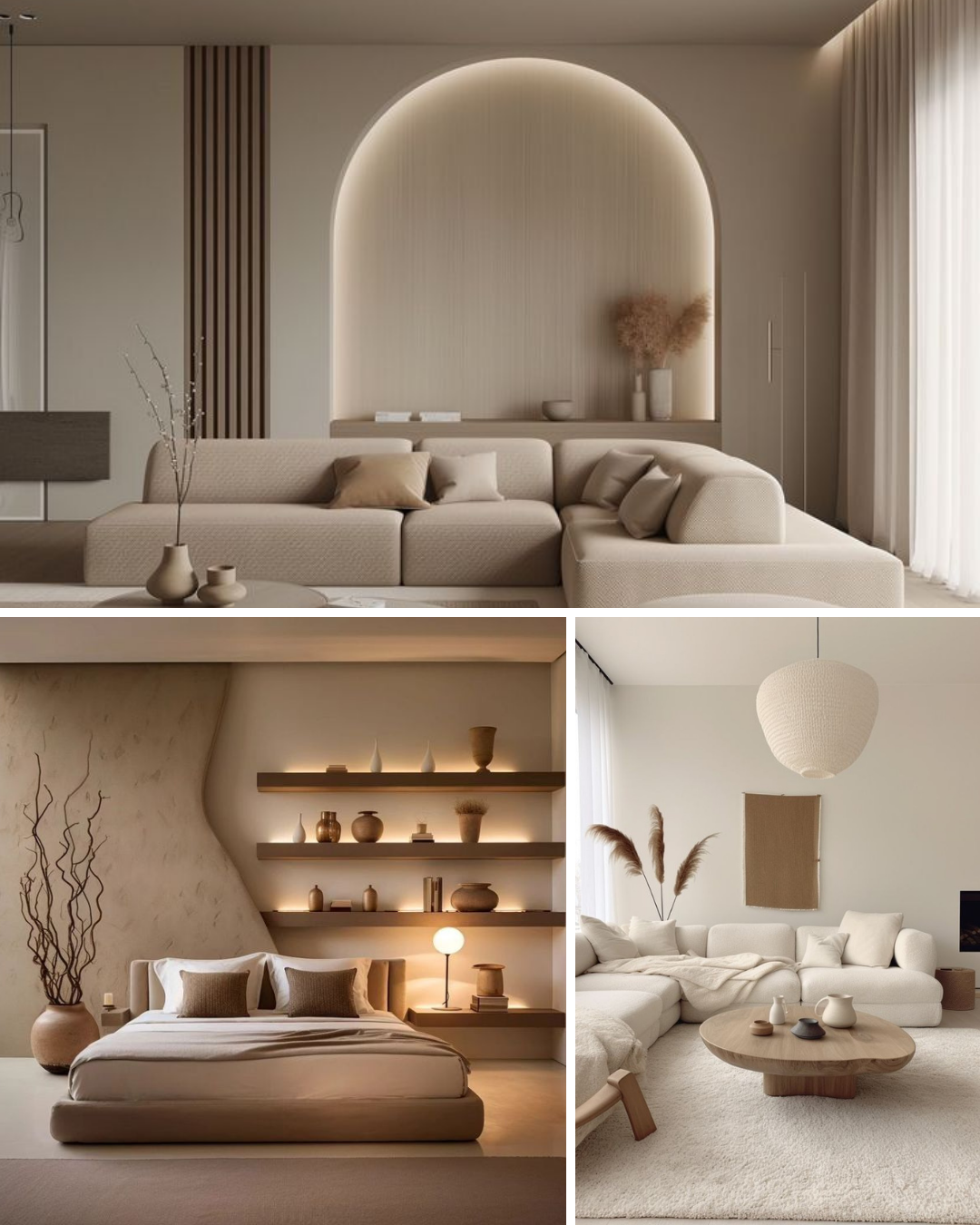 Modern beige interiors with soft lighting and ceramic decor elements