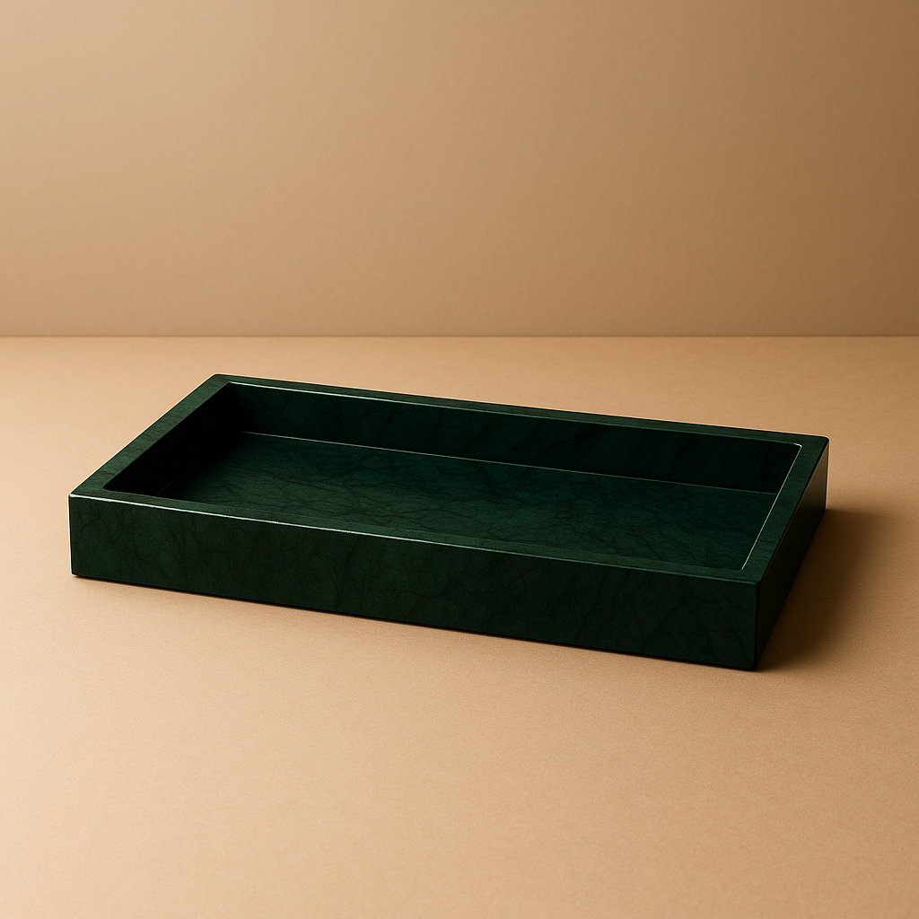 dark green marble tray standing on beige surface 