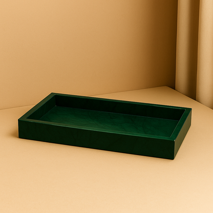 green marble tray standing in beige golden background