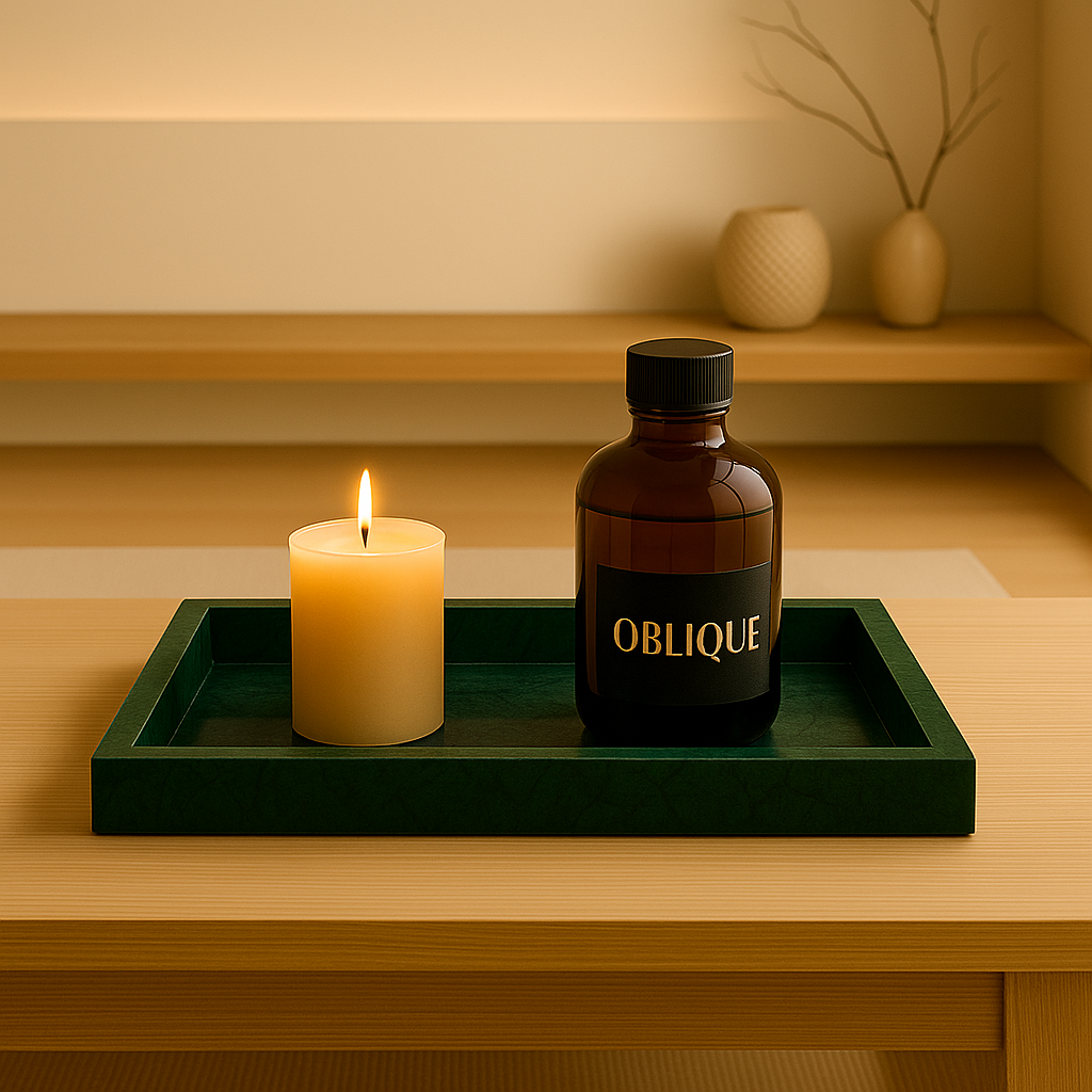 black marble tray with candle and luxurious oblique bottle standing on wooden table with luxurious living room background