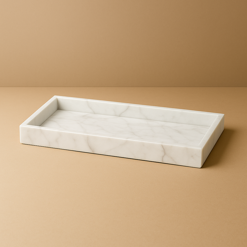 white marble tray standing on beige surface 