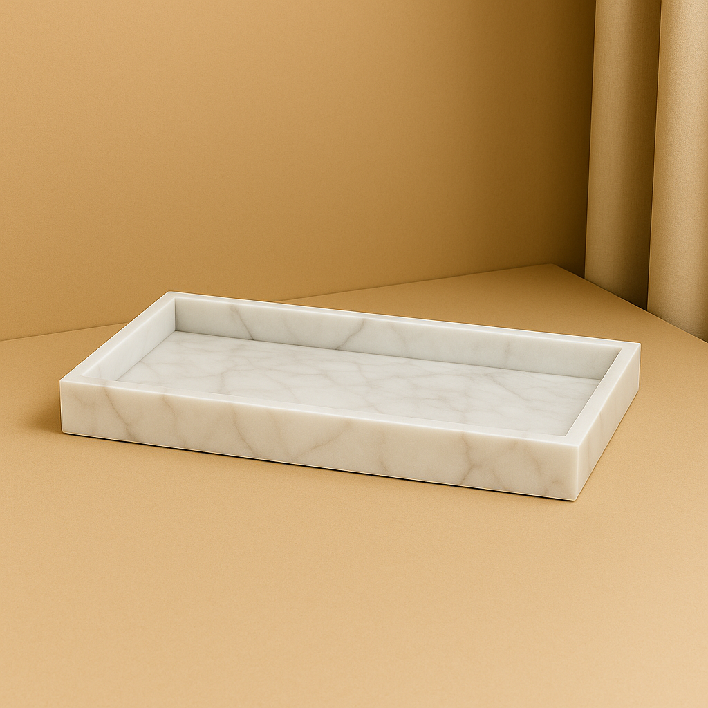 white marble tray standing in beige gold background
