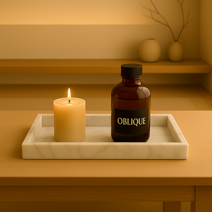 white marble tray with candle and luxurious oblique bottle standing on wooden table with luxurious living room background 