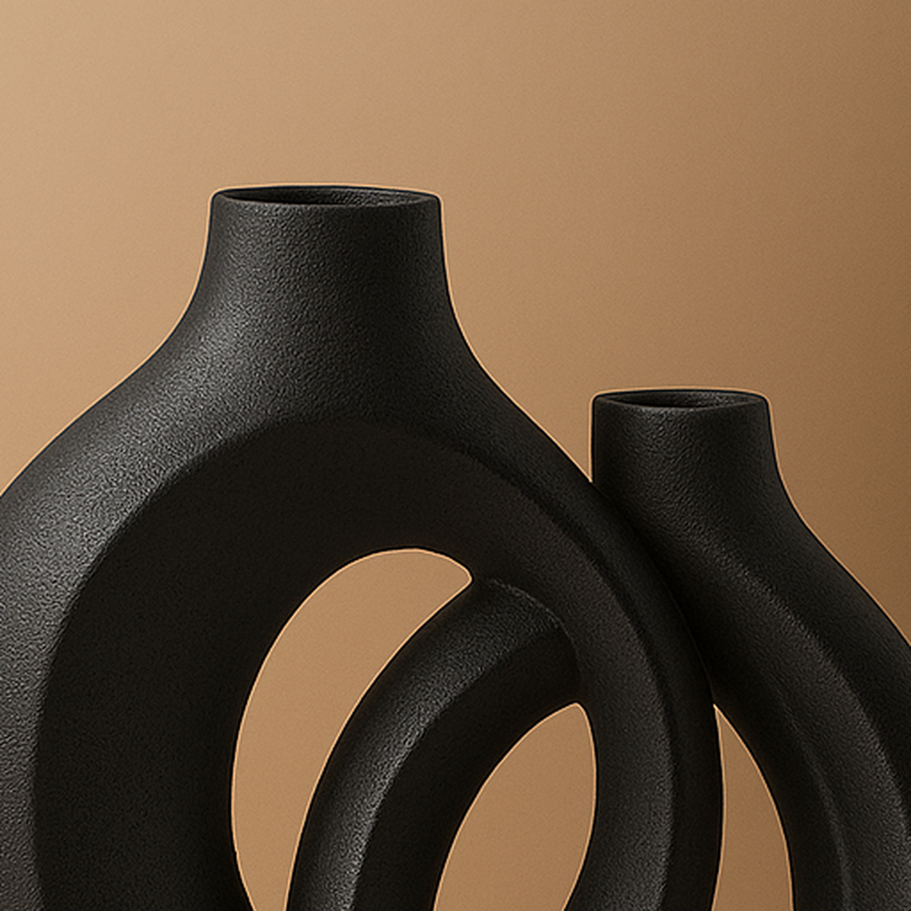 Close up shot of the white vase set with beige backround
