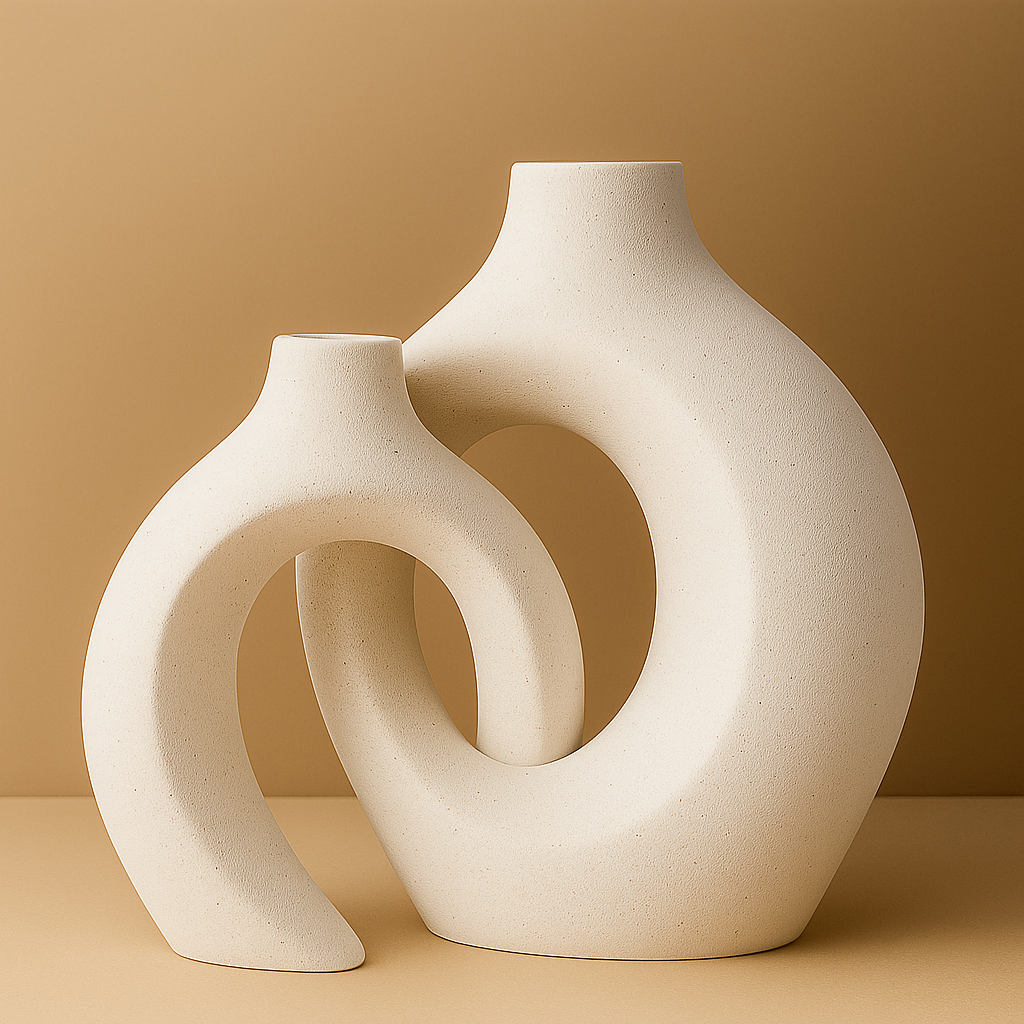 white round ceramic vase set standing on beige surface 