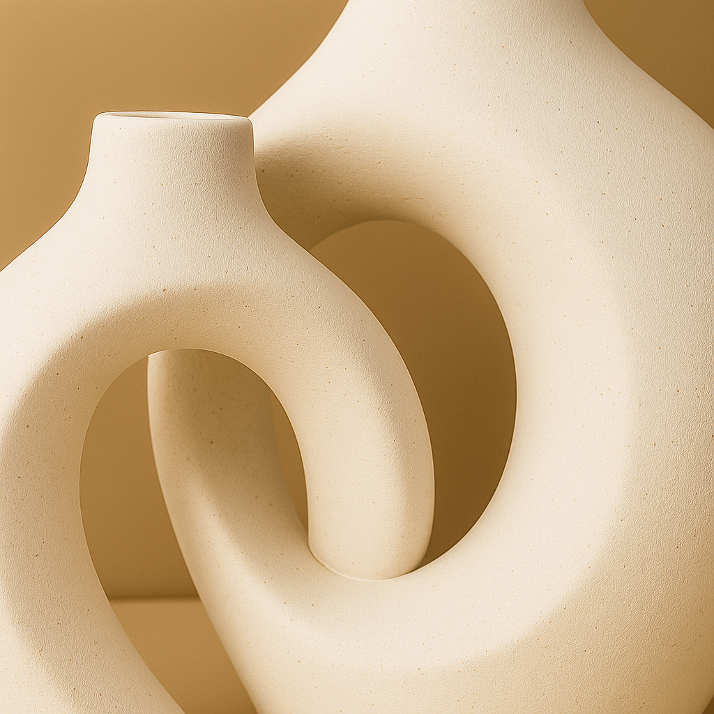 Close up shot of the white vase set with beige backround