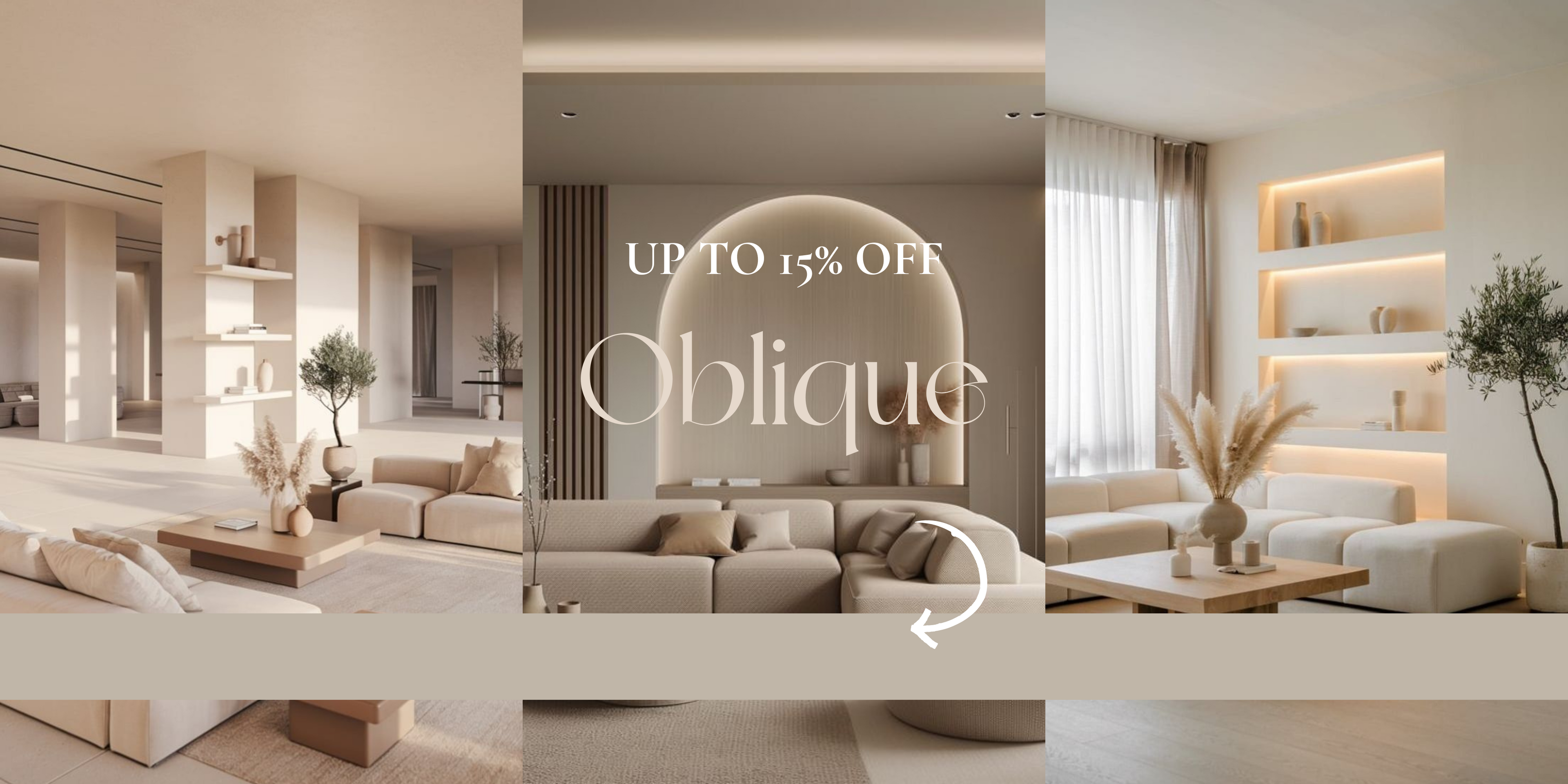 15 % off Sale Banner with living room interiors and ceramic vases 