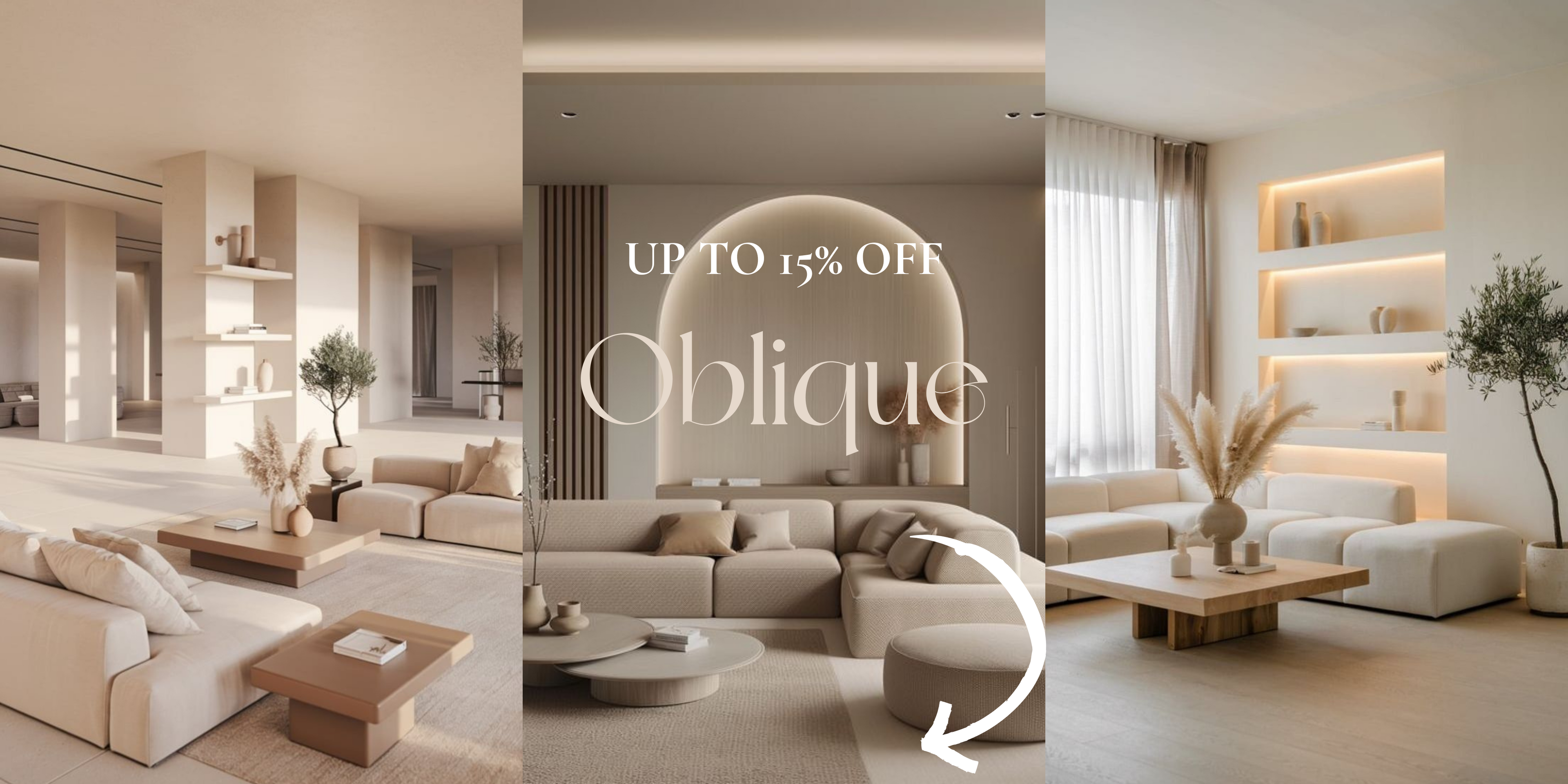 15 % off Sale Banner with living room interiors and ceramic vases 