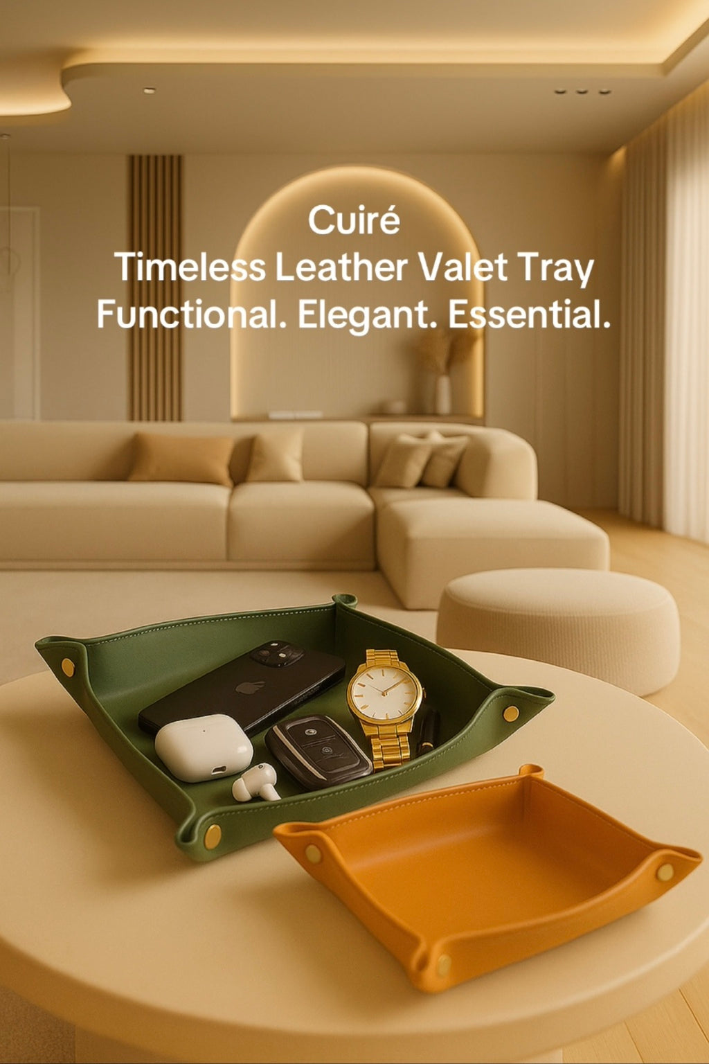 Pinterest Post of Cuiré leather trays standing on light table with luxurious interior design 