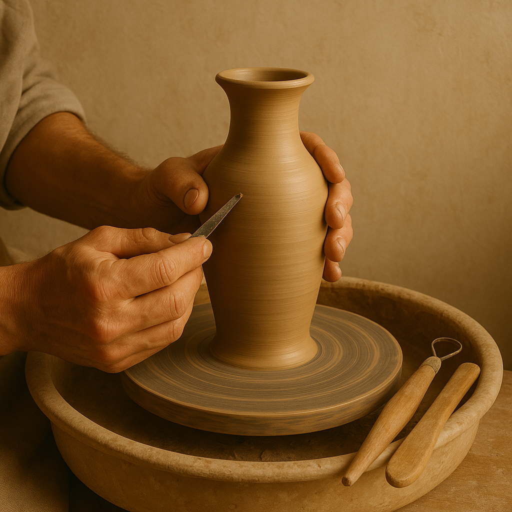 Showing the handmade Production by shaping clay on pottery of Obliques Vases 