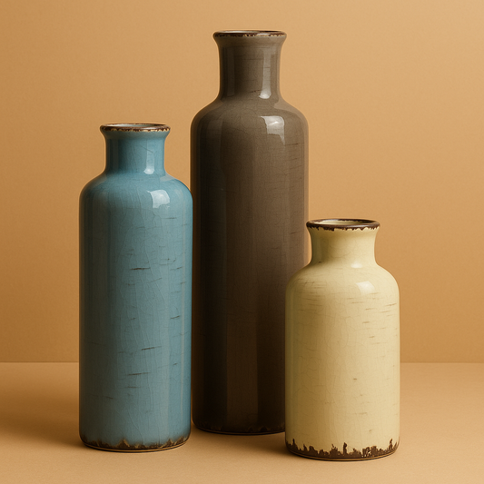 Terré ceramic vase trio in blue, brown, and cream tones with glazed crackle finish on neutral background